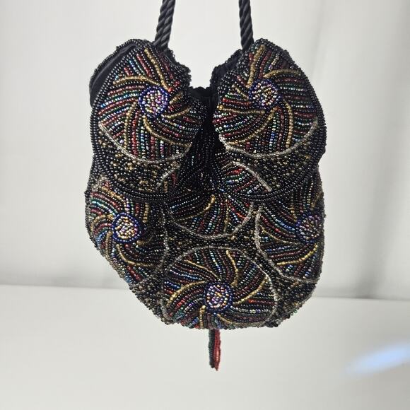 Vintage Black Beaded Floral Cinched Bag Flapper Evening Purse - Picture 7 of 10